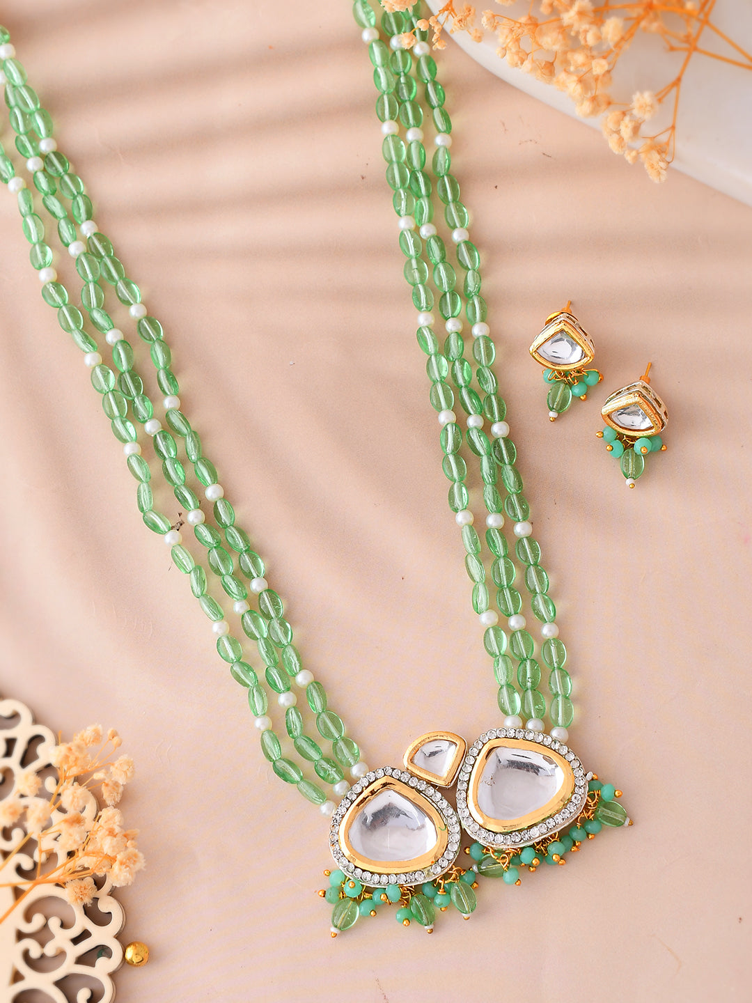 Gold-Plated & Green Beaded Necklace and Earrings