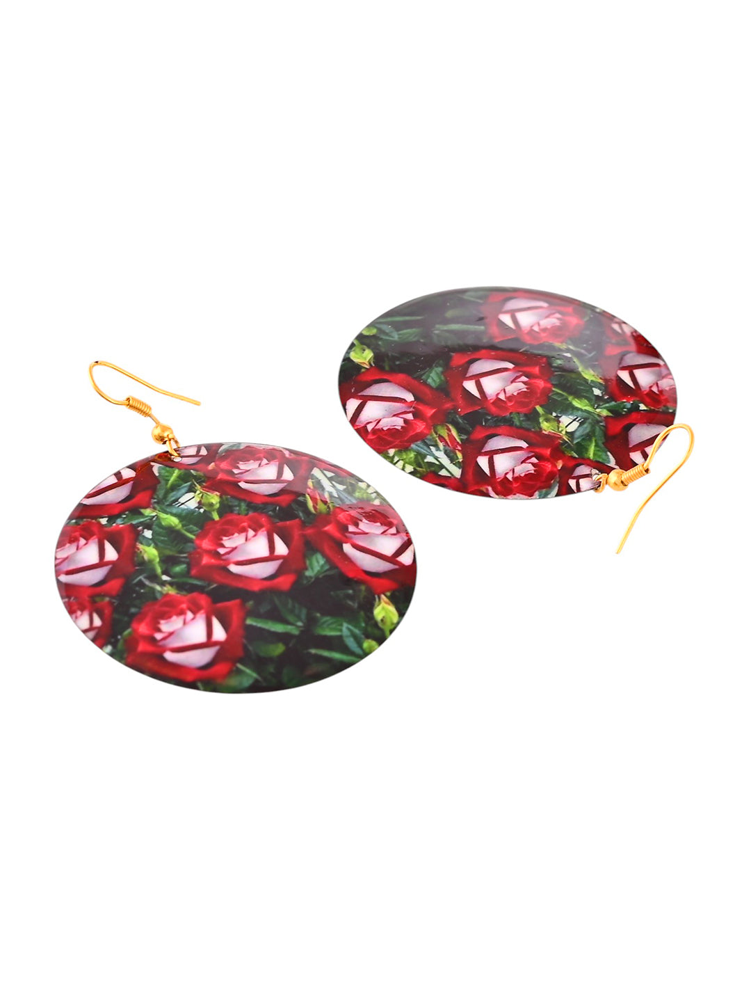 Red Rose Patterned Round Dangle Earrings For Women