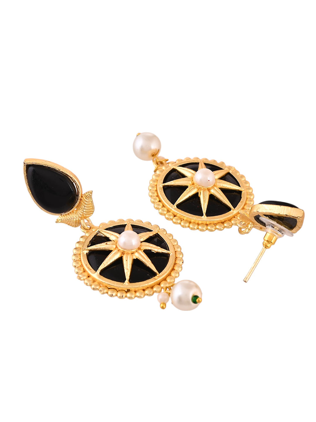 Black and Gold Starburst Drop Earrings With Pearl For Women