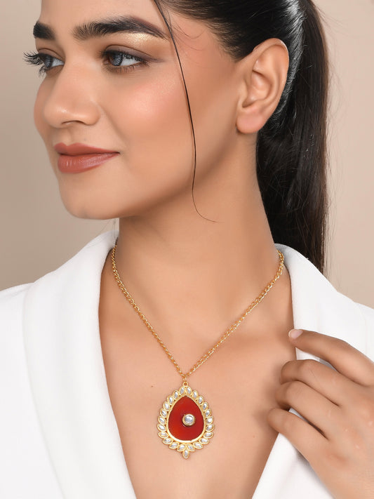 Gold Plated Red Stone Kundan Pendant With Chain for Women Online