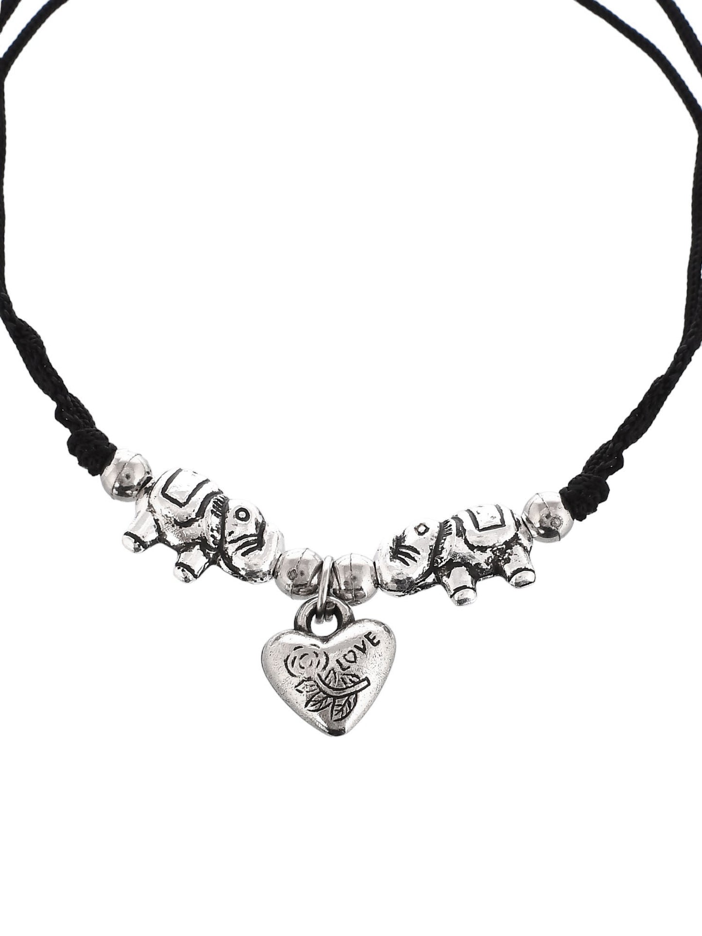 Stylish heart charm silver elephant beads threaded anklet