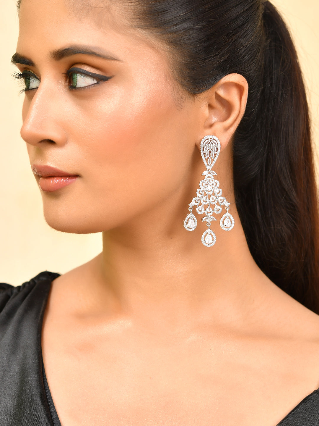 Silver-Toned American Diamond Chandelier Earrings Party Bridal jewellery