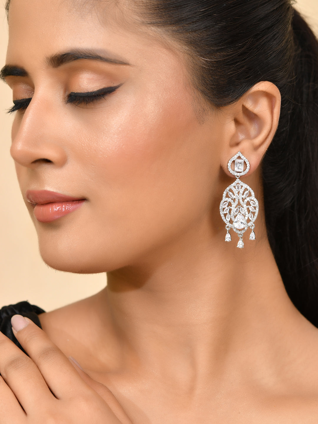 Buy Silver-Plated American diamond Floral Statement Earrings