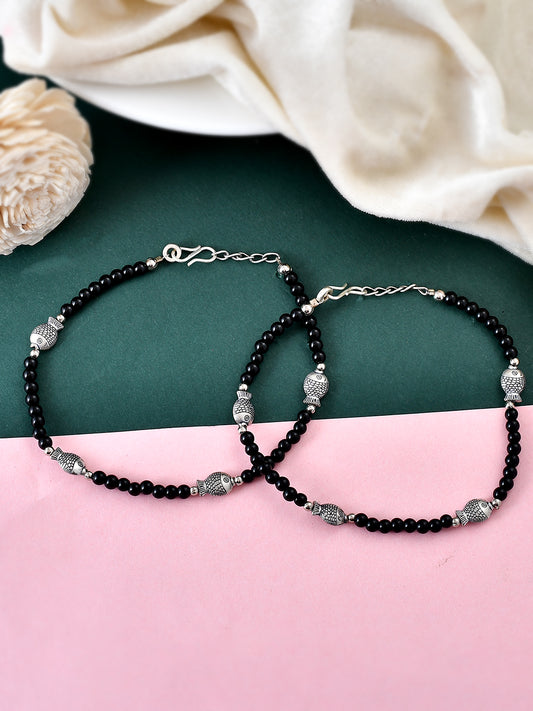 Silver Plated Oxidized Black Beads Anklet With Fish Charm for Women Online