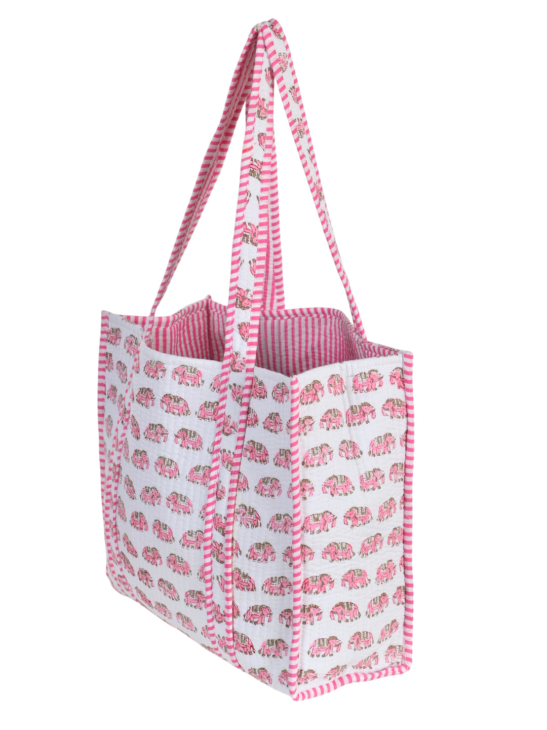 Shoulder Bag Pink & White Block Printed Cotton Quilted Tote Bags For Women
