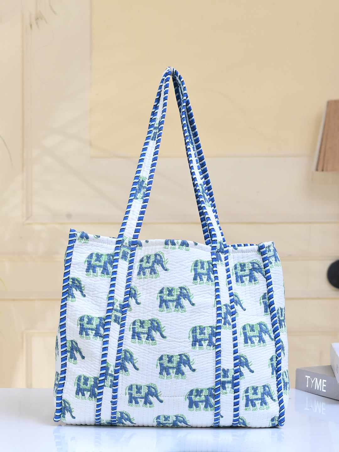 Shoulder Bag Blue Block Printed Cotton Quilted Tote Bags For Women