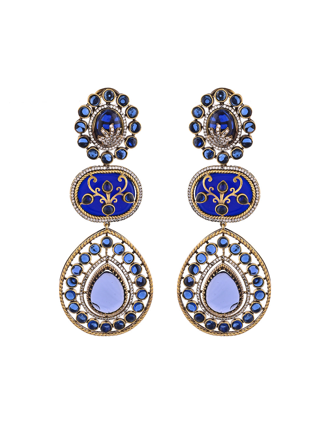 Gold-Plated Blue Stone Long Drop Earrings For Women | Partywear Statement Earrings | Premium Ethnic Jewellery