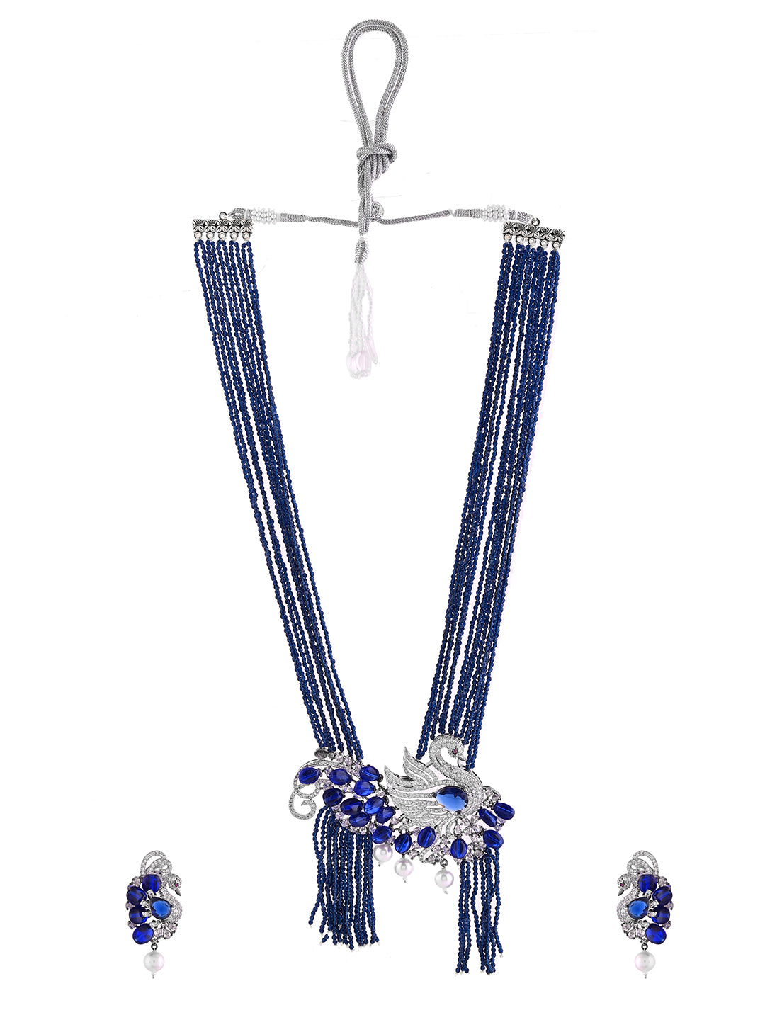 Blue Beads Necklace Set For Women | Royal AD Stone Long Necklace With Earrings | Party & Wedding Jewellery