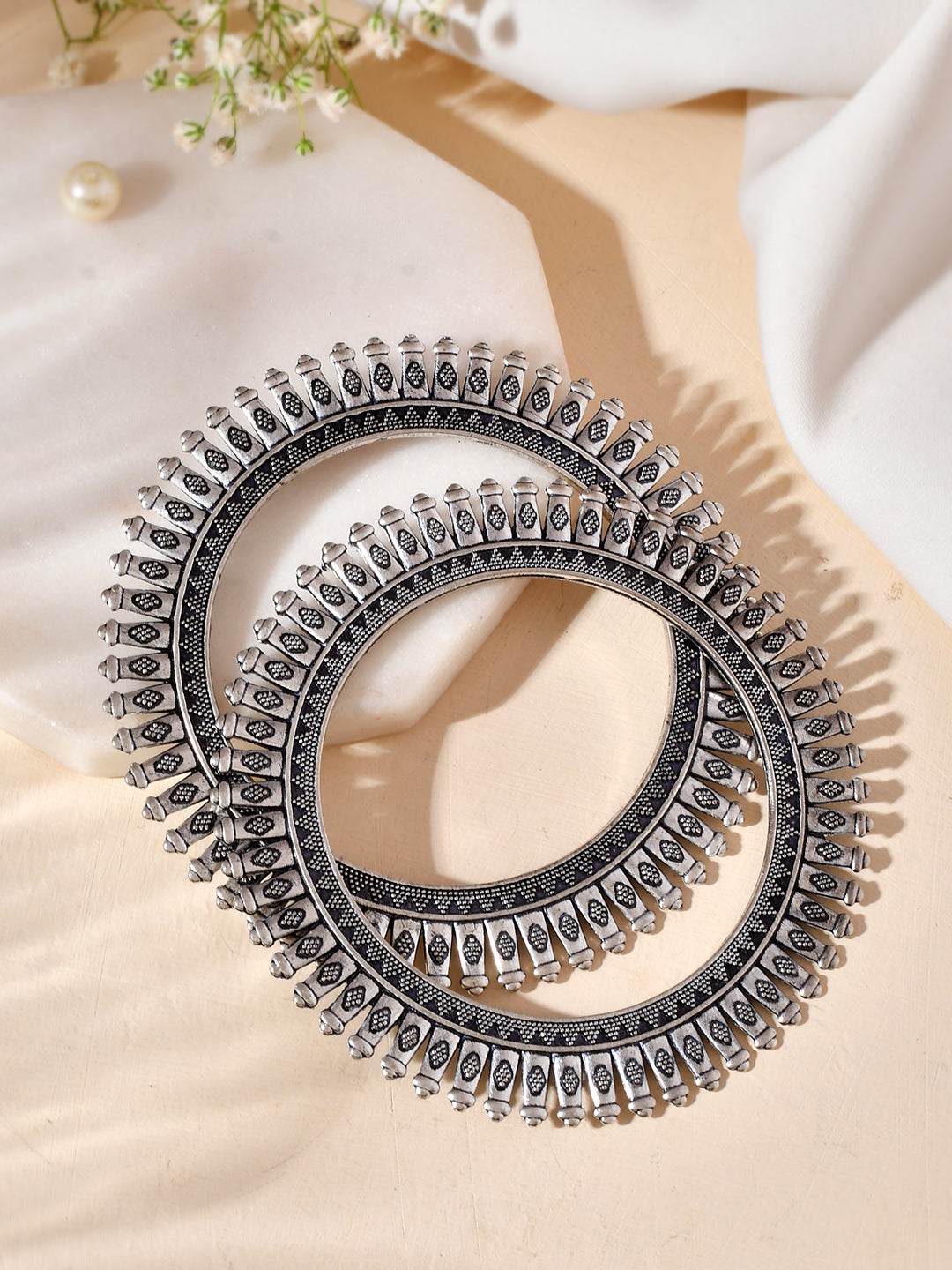 Oxidised Silver Antique Temple Design Bangle Set For Women & Girls | Traditional Statement Kada