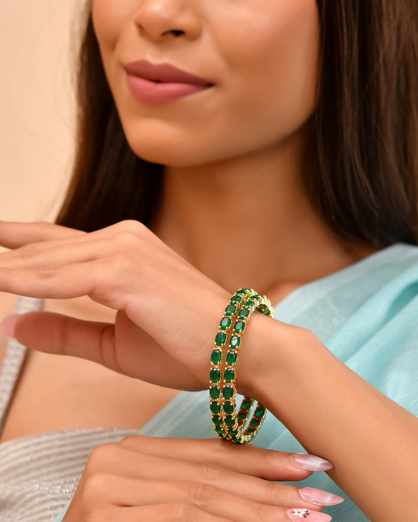 Gold Plated Green Stone Bangles For Women | Traditional Bridal Party Wear Bangles Set