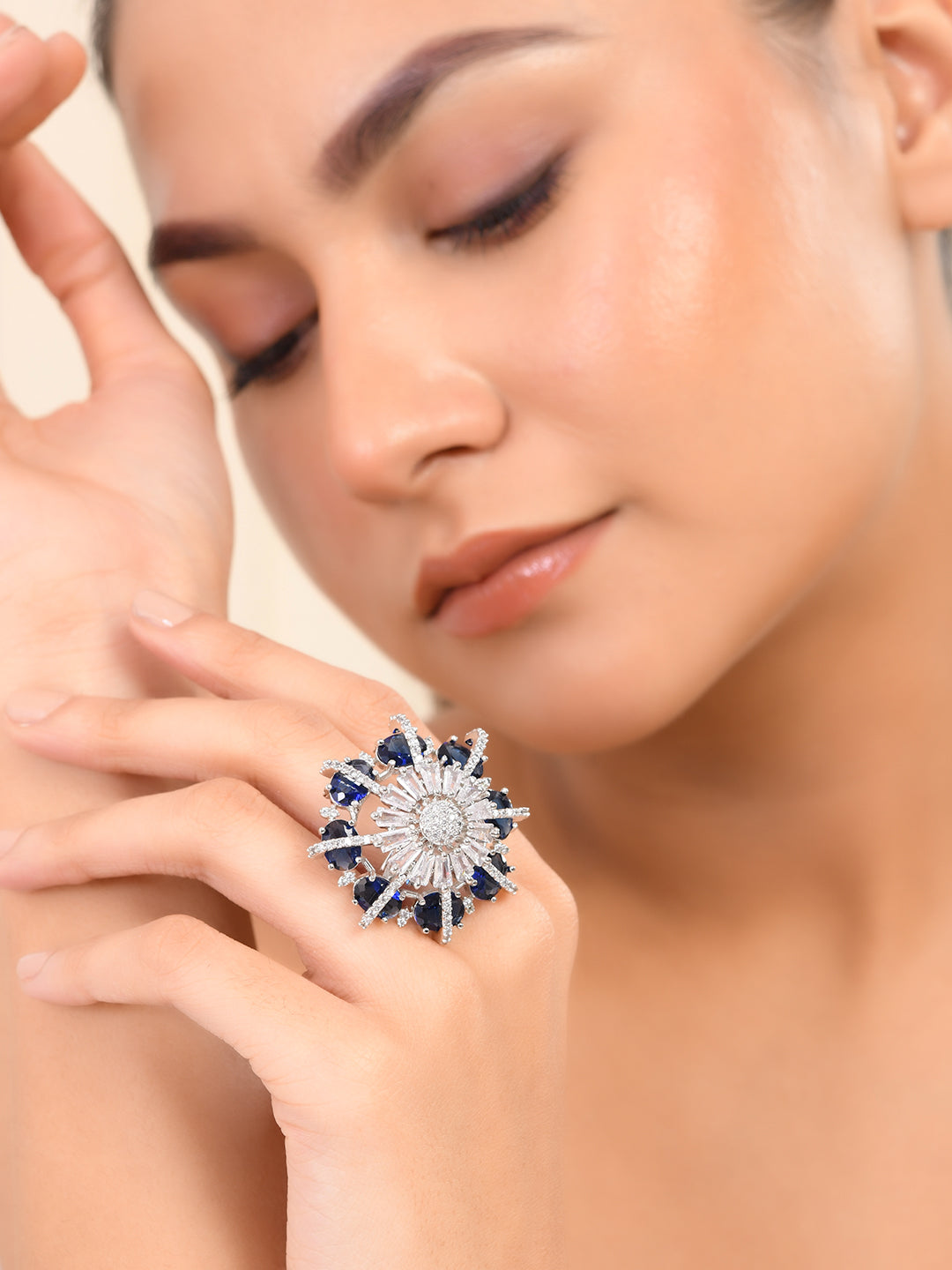 Blue American Diamond Silver Plated Cocktail Ring for Women