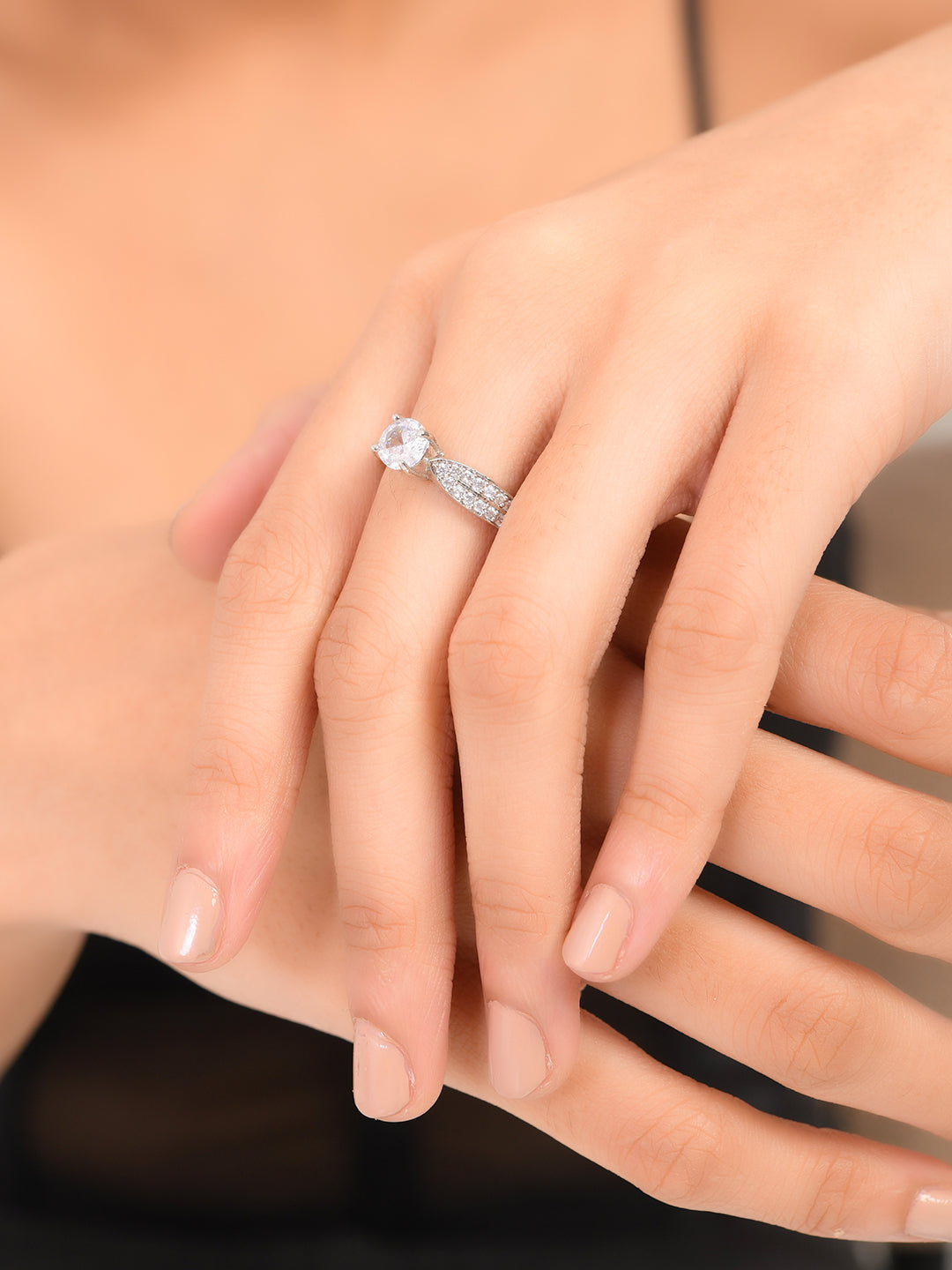 White American Dimond Studded Silver-Plated Finger Ring