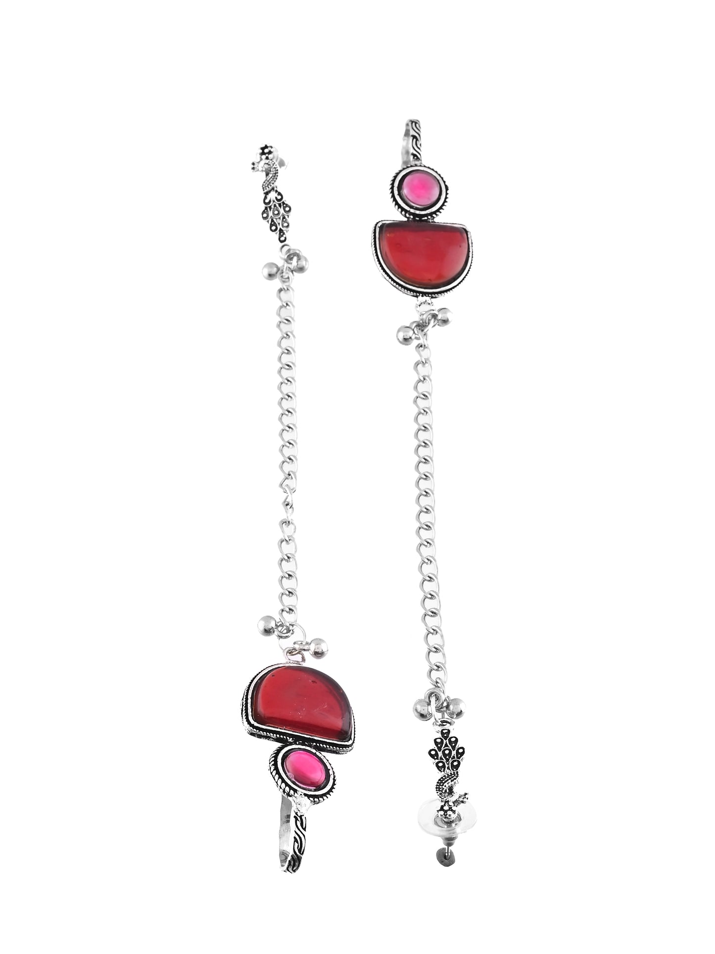 Classic Oxidised Silver Long Chain Earrings With Red Stone For Women