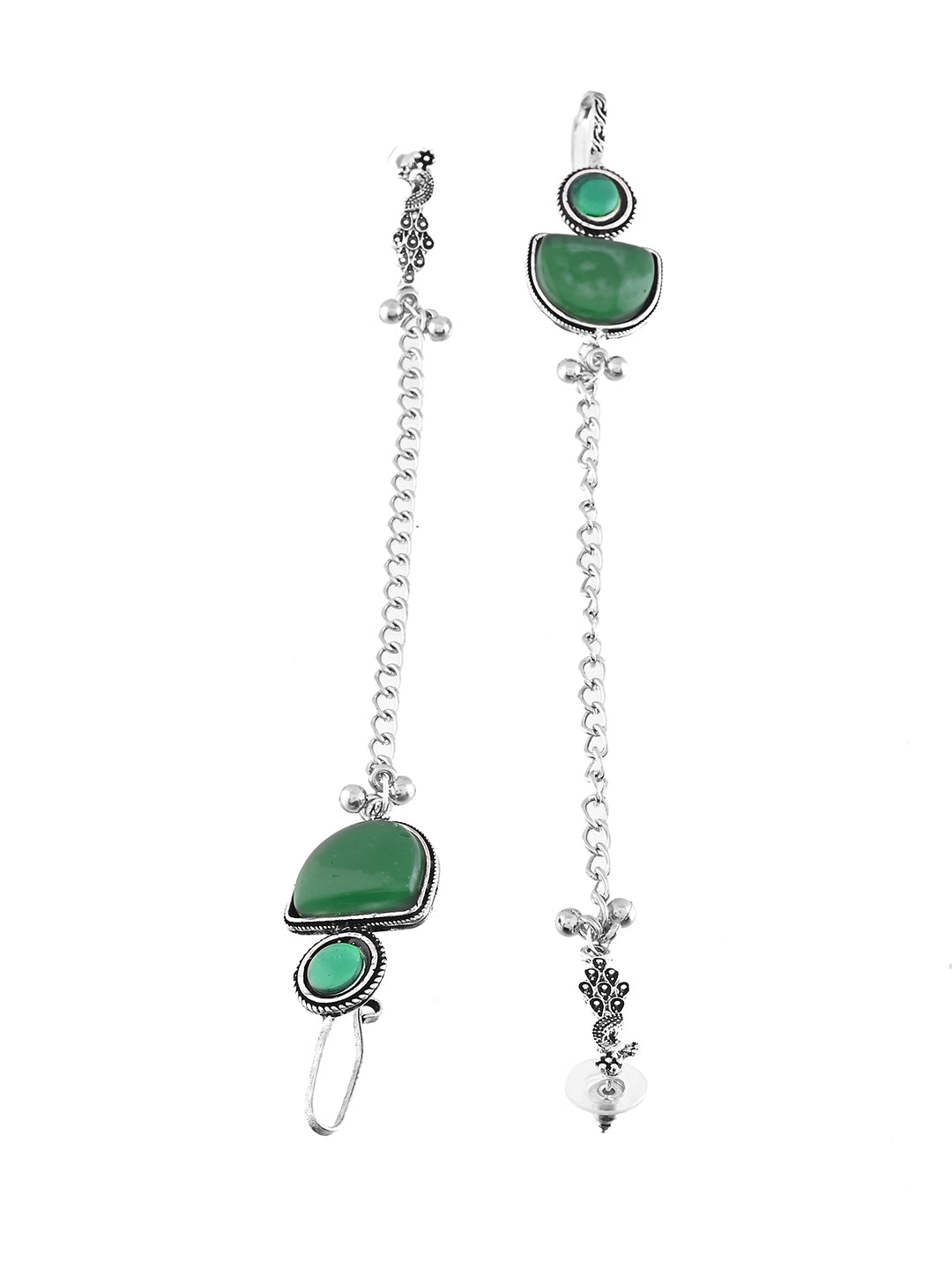 Oxidised Silver Long Chain Earrings With Green Stone | Boho Drop Earrings