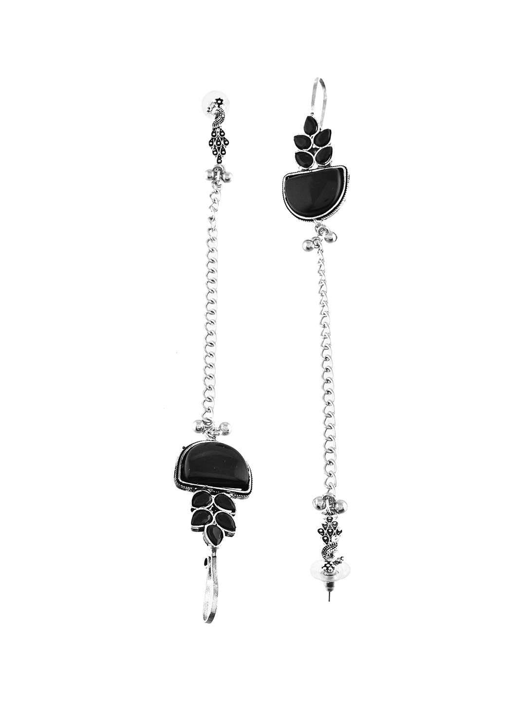 Boho Drop Oxidised Silver Long Chain Earrings With Black Stone For Women