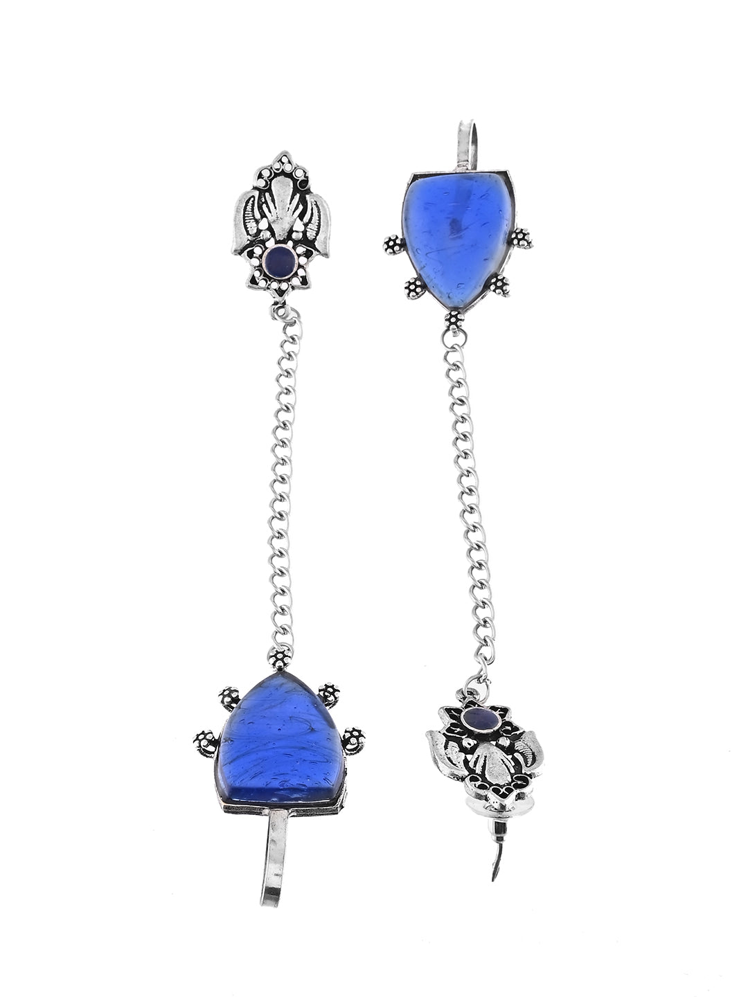 Ethnic Boho Drop Oxidised Silver Long Chain Earrings With Blue Stone For Women