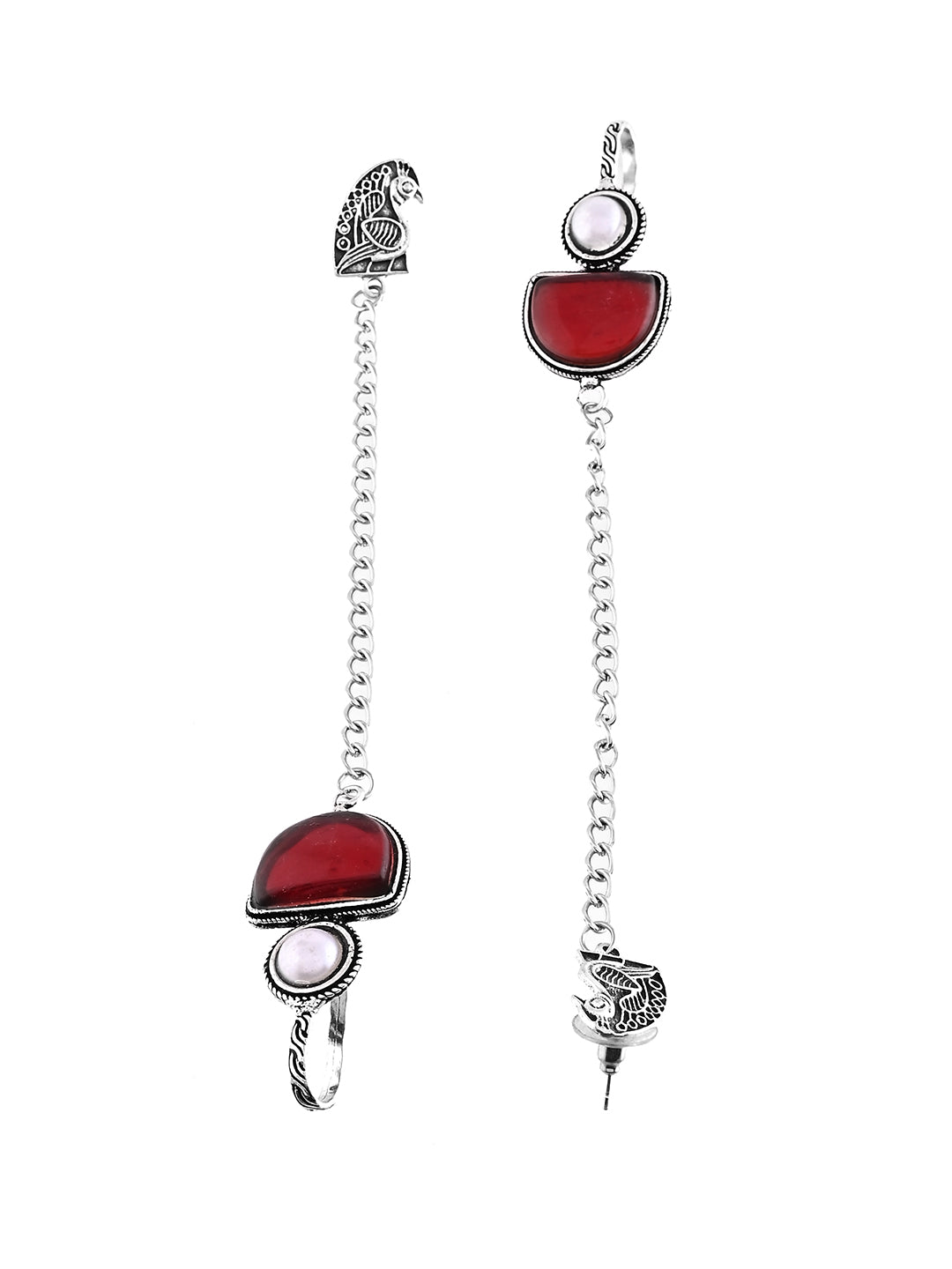 Boho Drop Oxidised Silver Long Chain Earrings With Red Stone For Women