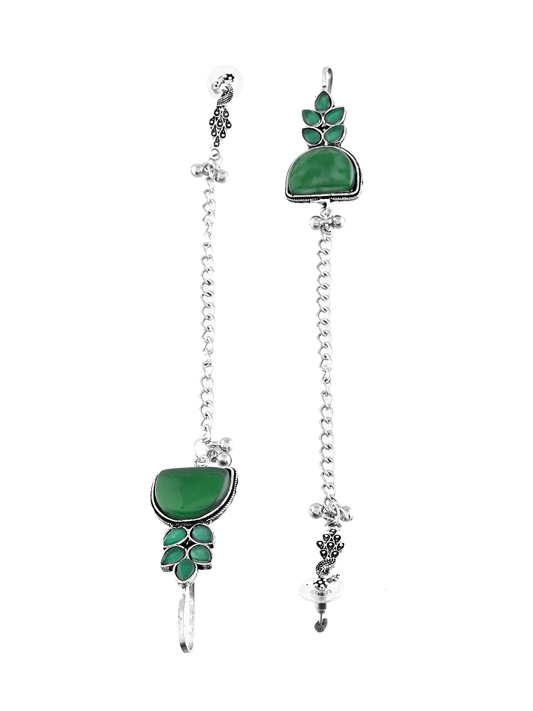 Green Boho Drop Oxidised Silver Long Chain Peacock Earrings For Women