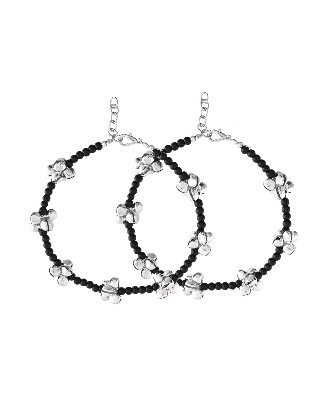 Black Beaded Silver-Plated Anklet For Women & Girls | Nazar Anklet With Ghungroo