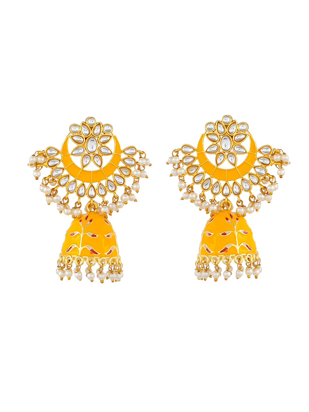 Gold plated yellow handpainted Kundan Pearl Chandbali Jhumka Earrings