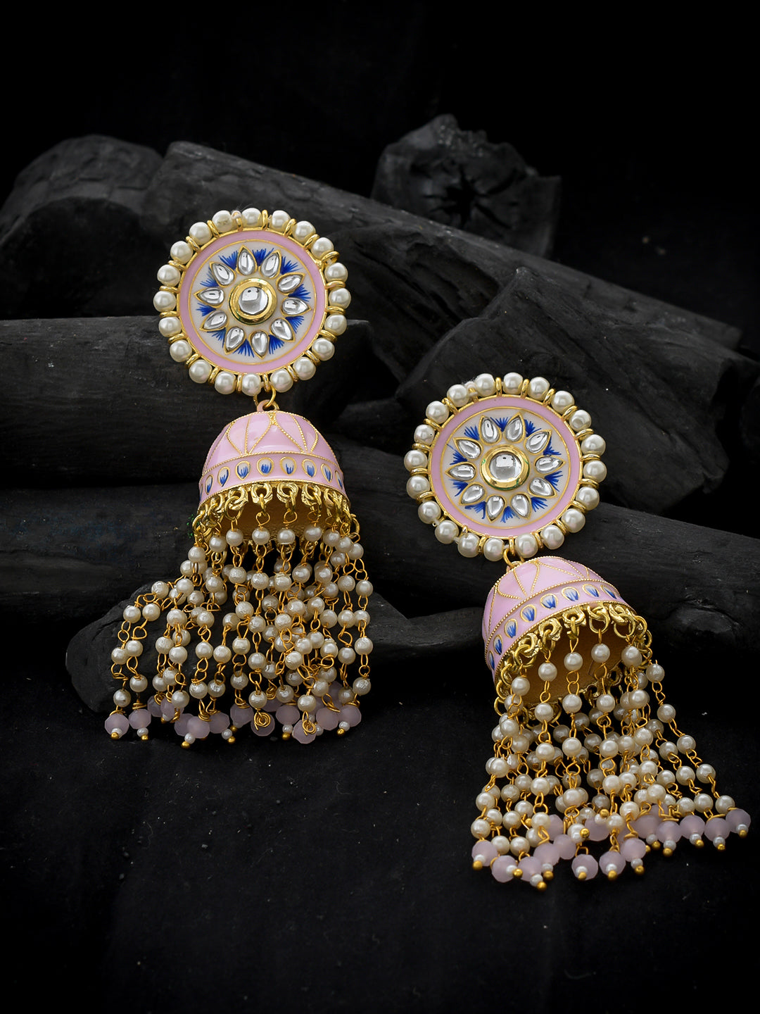 Gold Plated Handpainted Kundan Pink Jhumka Earrings for Women Online