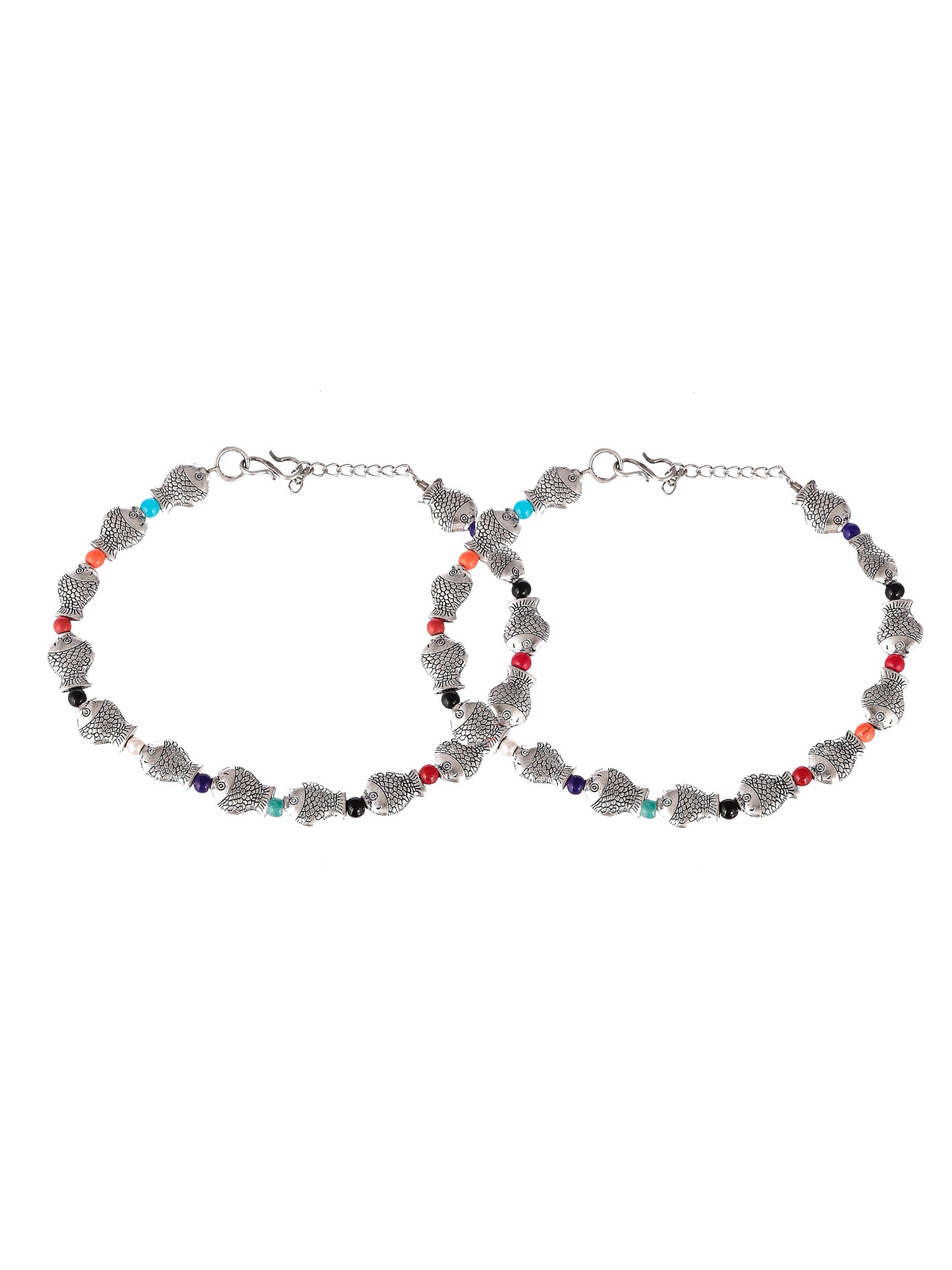 Silver Plated Fish Charm Beaded Oxidised Anklet