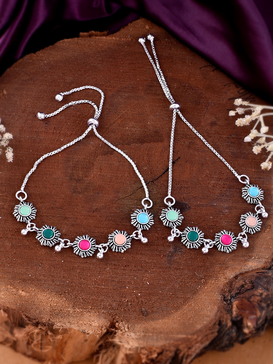 Silver-Plated Stone-Studded Anklets