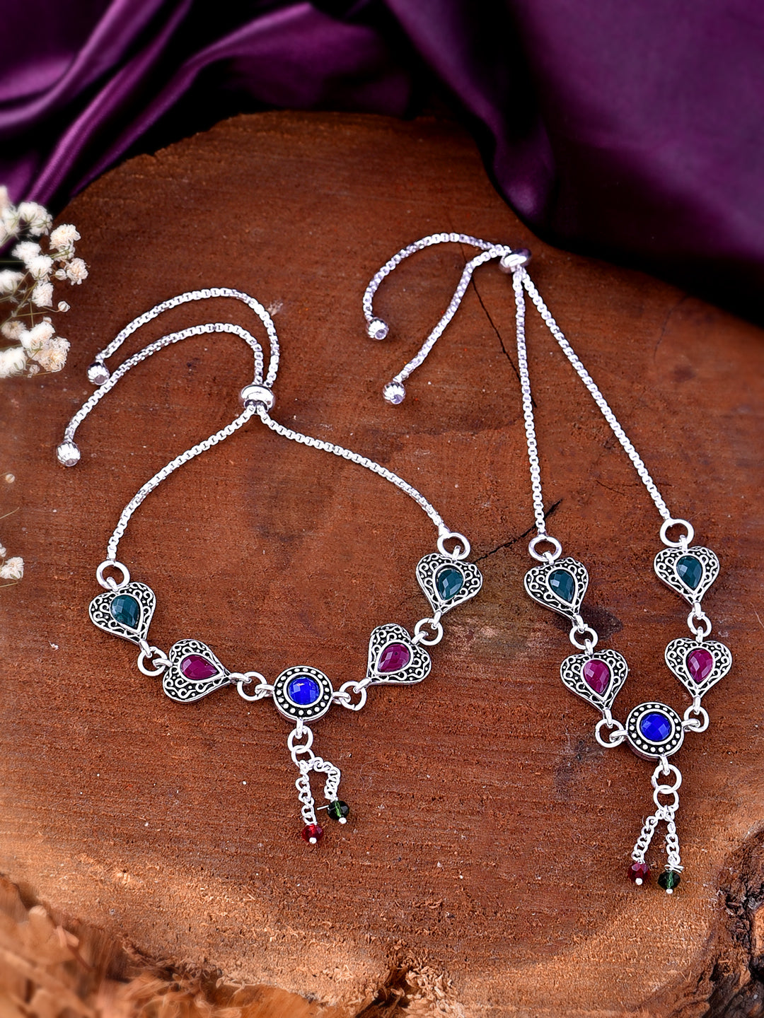 Silver-Plated Stone-Studded And Beaded Anklets
