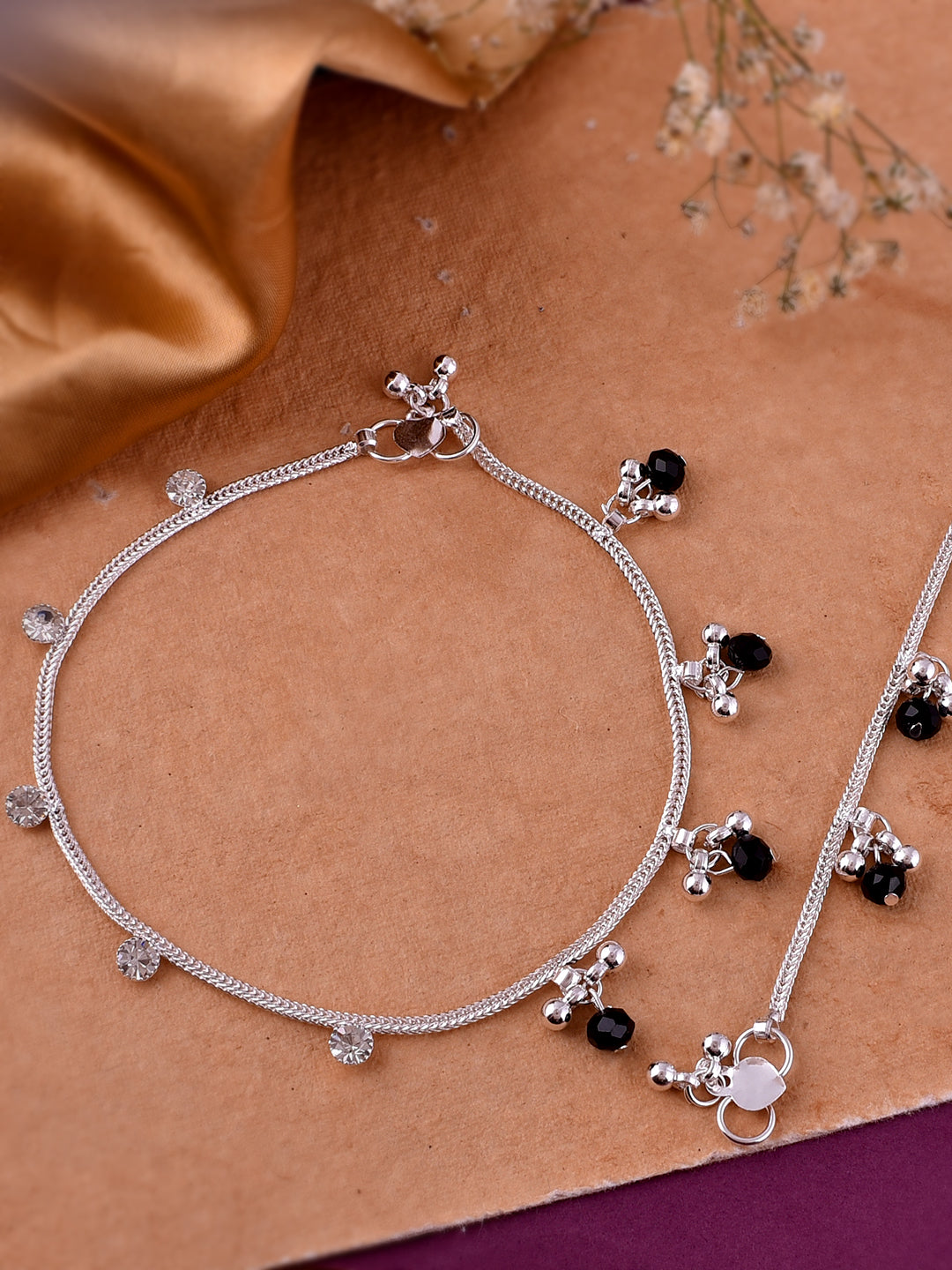 Silver-Plated Stone-Studded With Ghungroo Charms Anklets