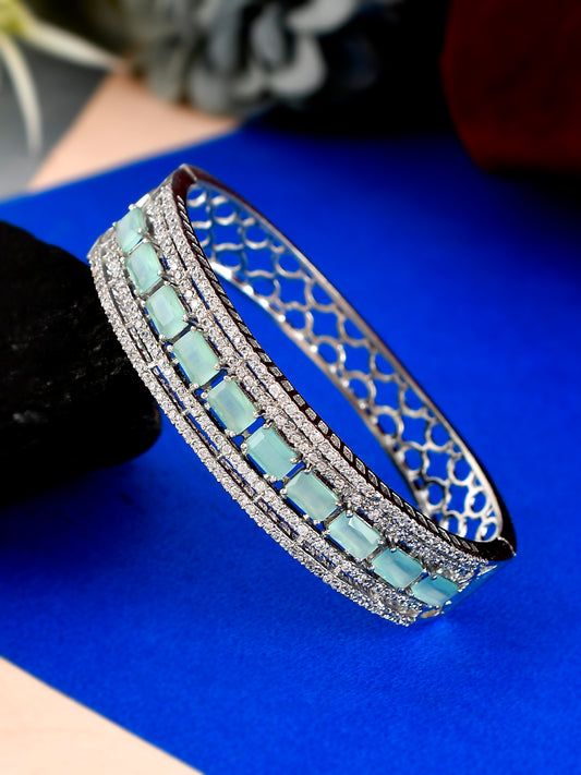 Women Ad Sea Green Stone Studded Bangle Srtyle Silver Plated Bracelets for Women Online