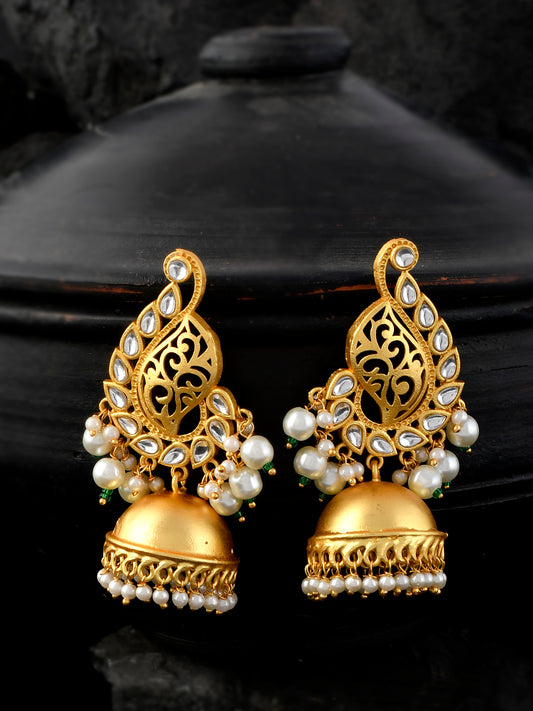 Gold Plated Kundan & Pearl Studded Floral Jhumka Earrings for Women Online
