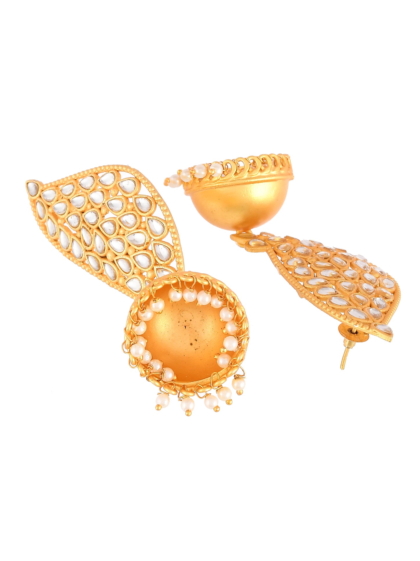 Gold Plated Kundan Studded & Beaded Leaf Shaped Drop Earrings
