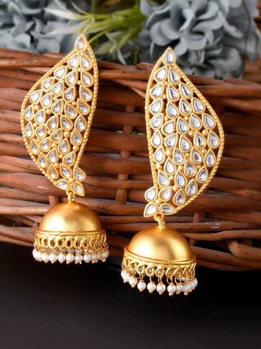 Gold Plated Kundan Studded & Beaded Leaf Shaped Drop Earrings for Women Online