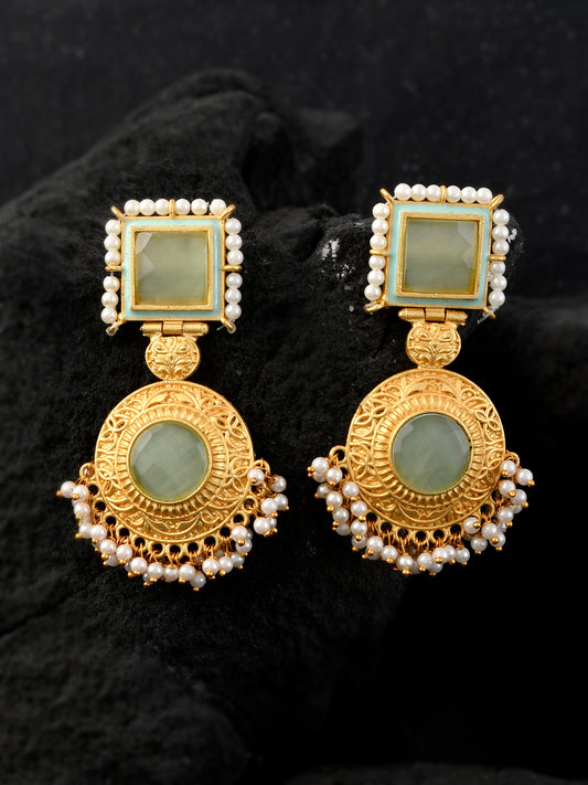 Gold Plated & Green Stone Studded Handcrafted Drop Earrings for Women Online