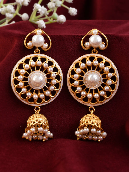 Gold Plated Pearl Studded Floral Handcrafted Traditional Drop Earrings for Women Online