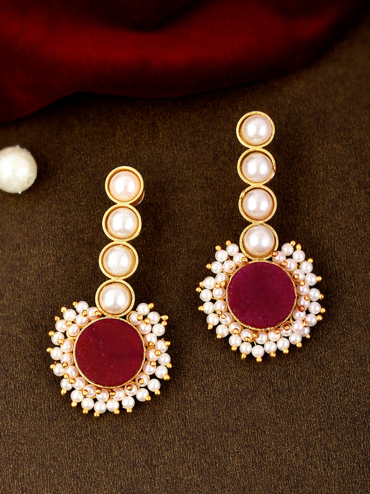 Gold Plated Red Stone Studded Pearl Beaded Drop Earrings for Women Online