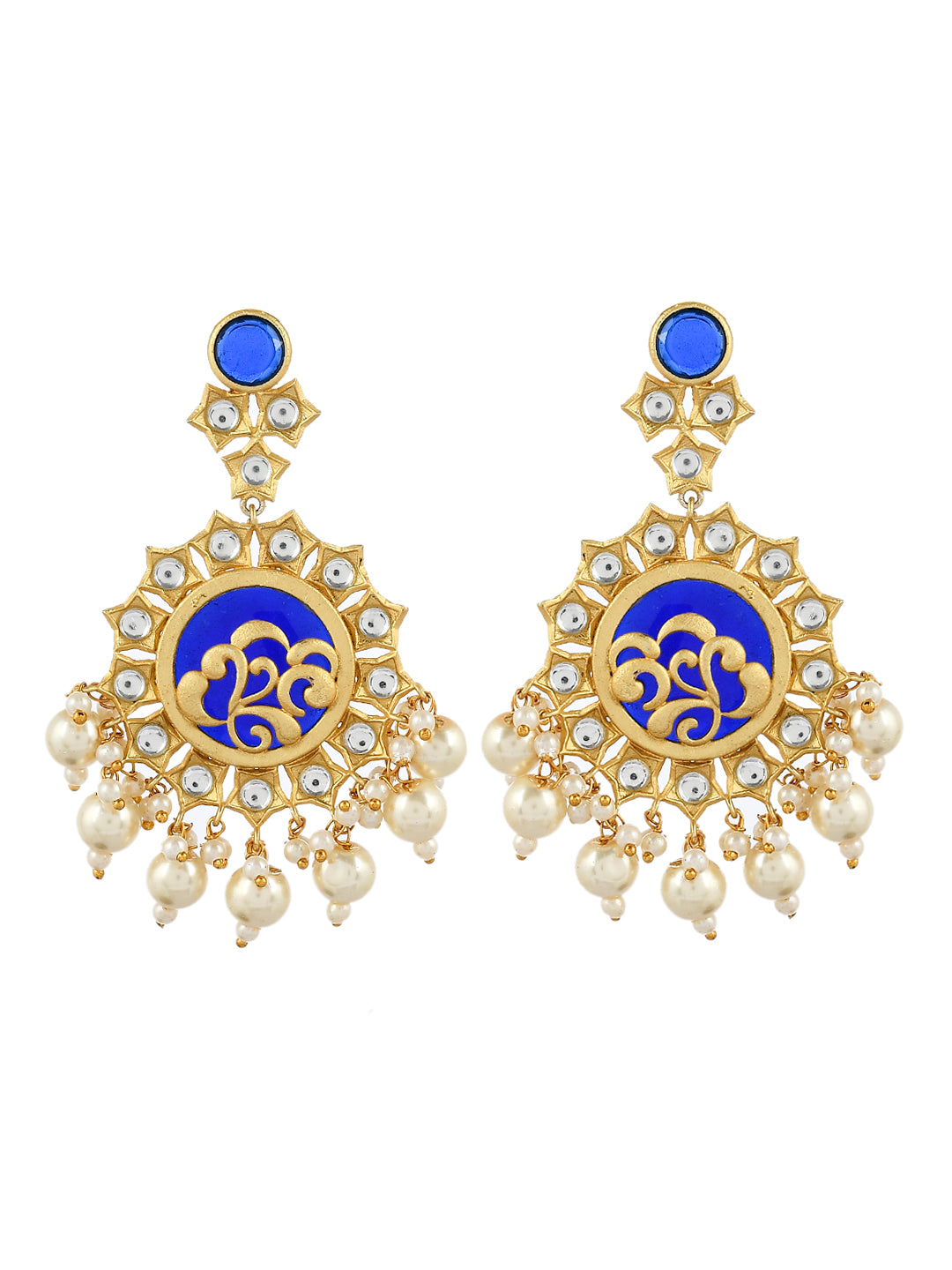 Traditional Blue Gold Filigree Kundan & Pearl Drop Earrings