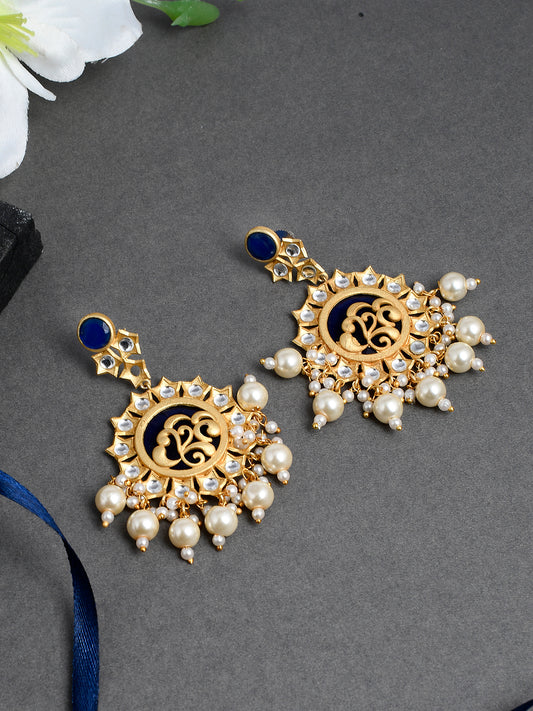 Traditional Blue Gold Filigree Kundan & Pearl Drop Earrings for Women Online