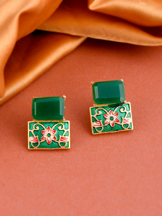 Gold Plated & Green Stone Studded Square Shape Meenakari Stud Earrings for Women Online