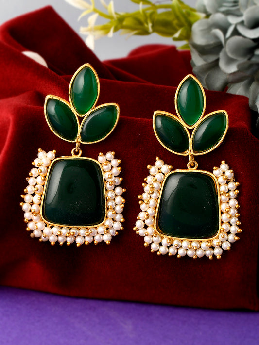 Gold Plated Green Beaded Leaf Design Floral Earrings for Women Online