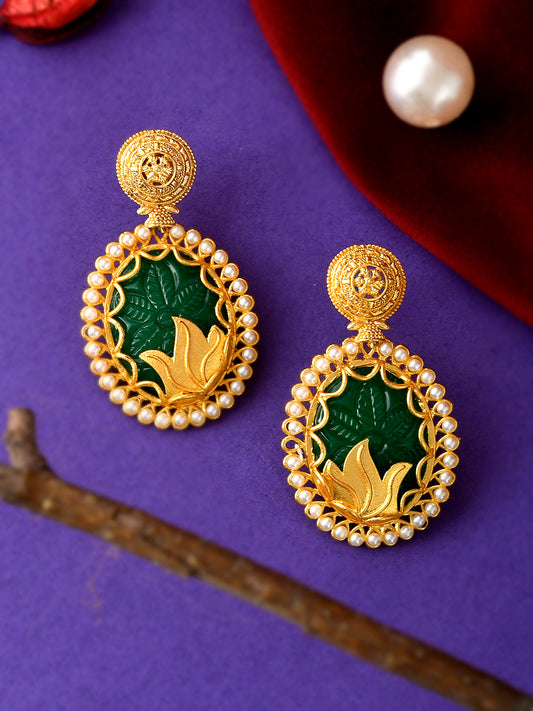 Gold Plated Green Stone Studded Drop Earrings for Women Online