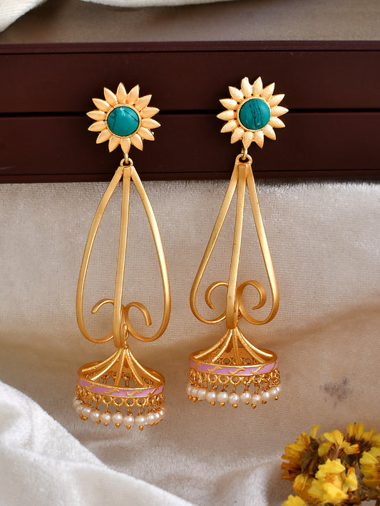 Gold Plated Turquoise Long Jhumka Earrings for Women Online