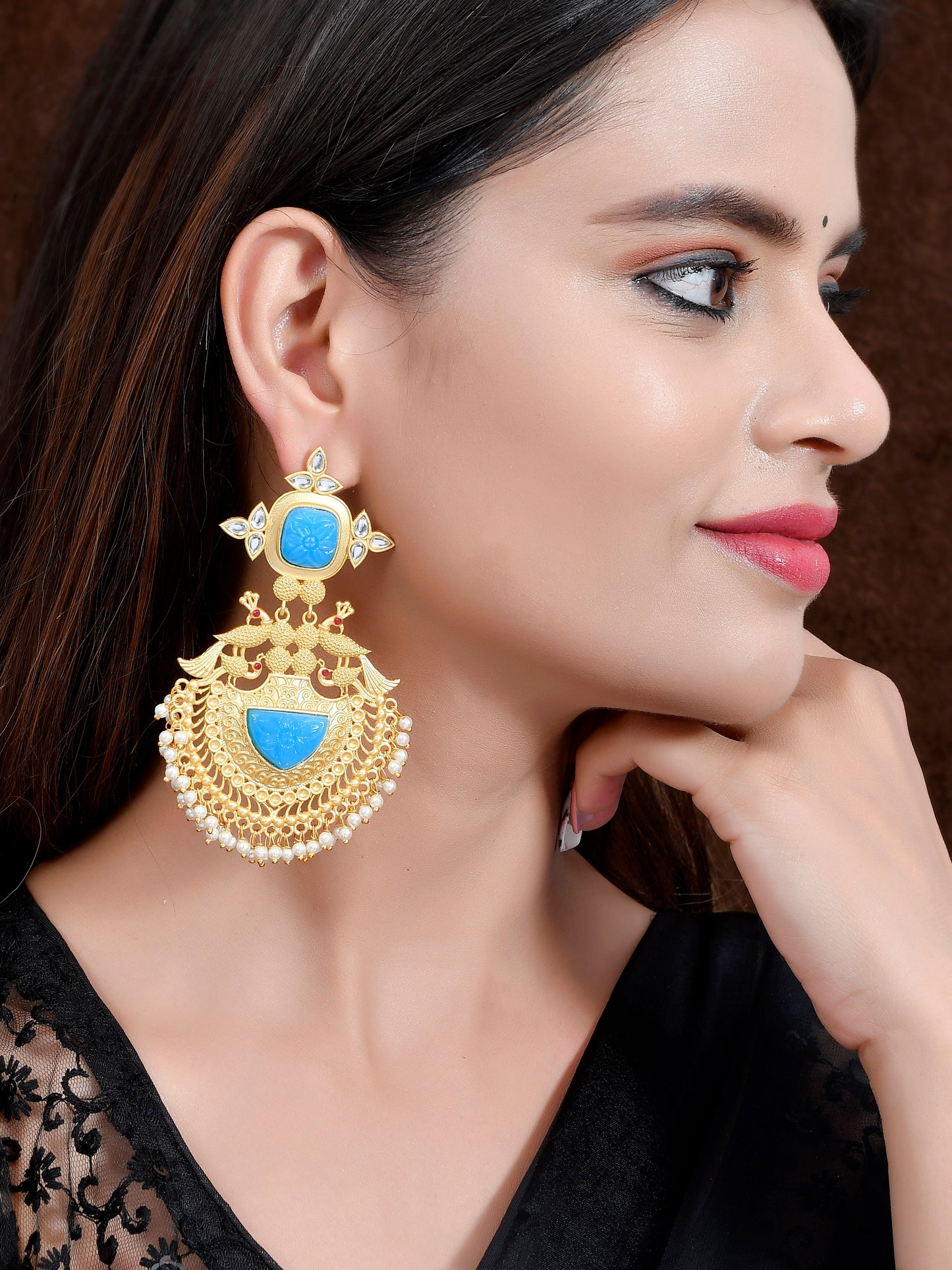 Gold Plated & Blue Stone Studded Handcrafted Drop Earrings