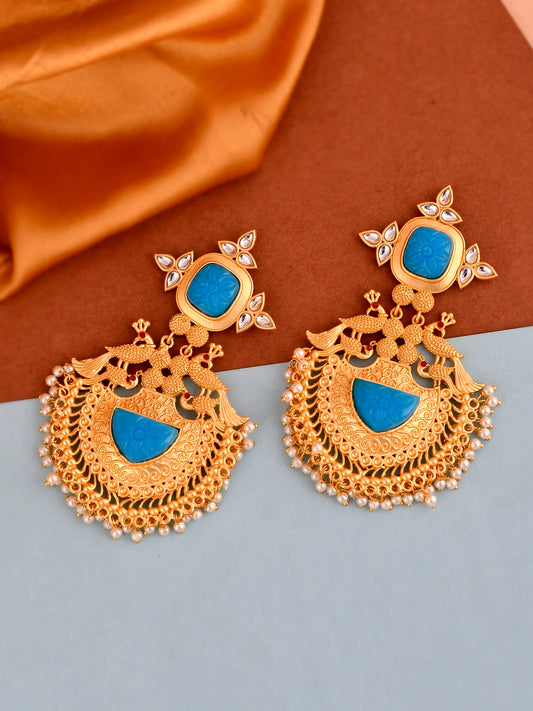 Gold Plated & Blue Stone Studded Handcrafted Drop Earrings for Women Online