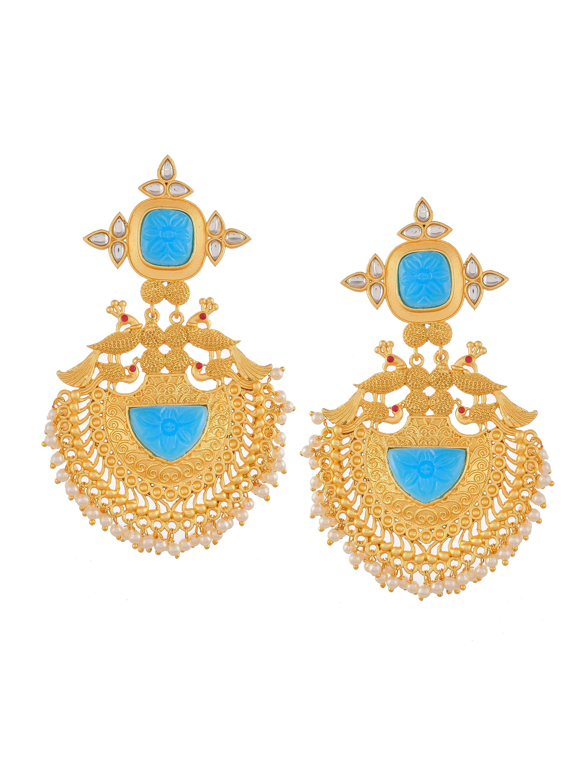 Gold Plated & Blue Stone Studded Handcrafted Drop Earrings