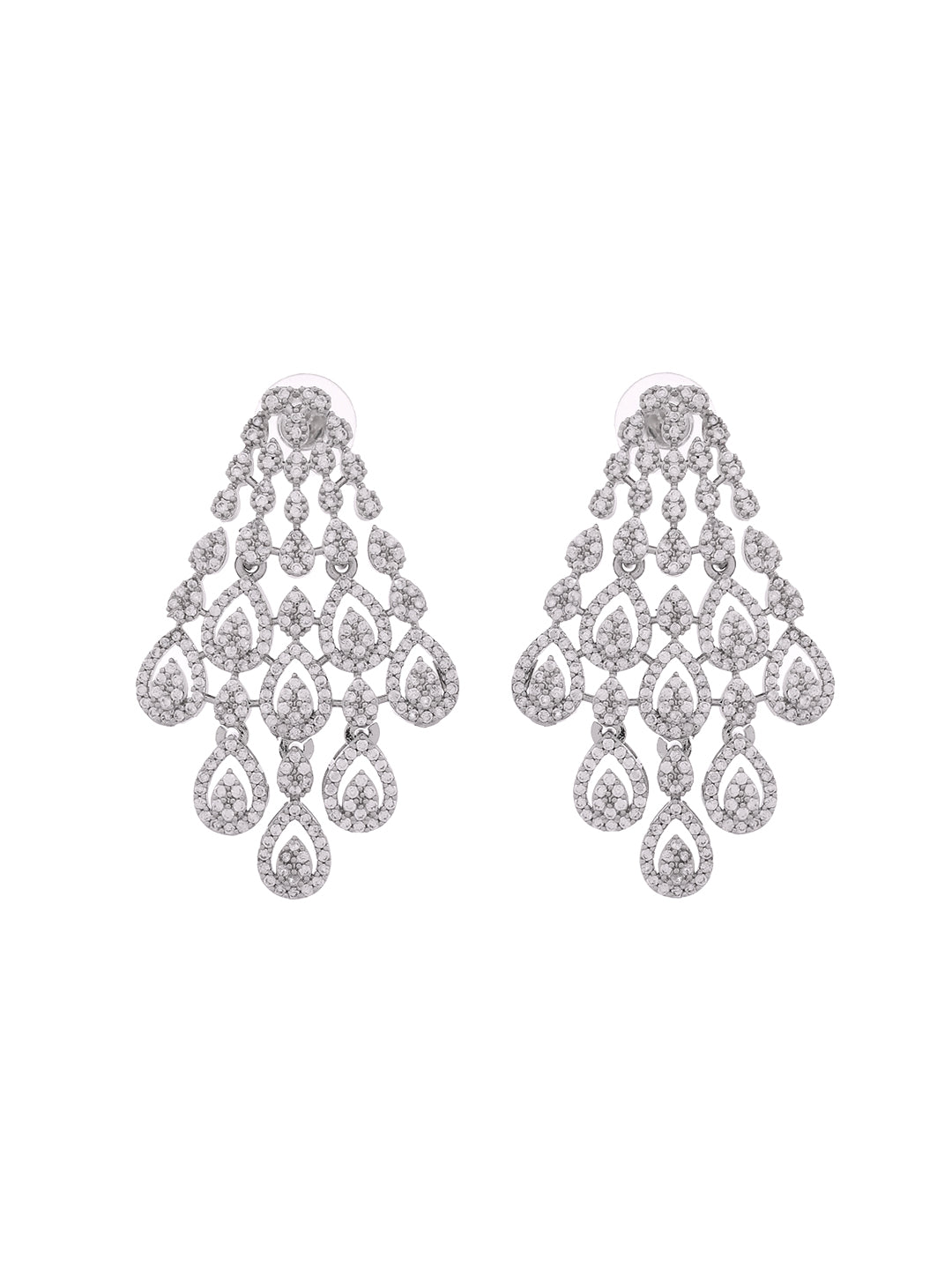 Silver-Toned CZ Chandelier Stud Earrings for Women | Party Wear Crystal Earrings