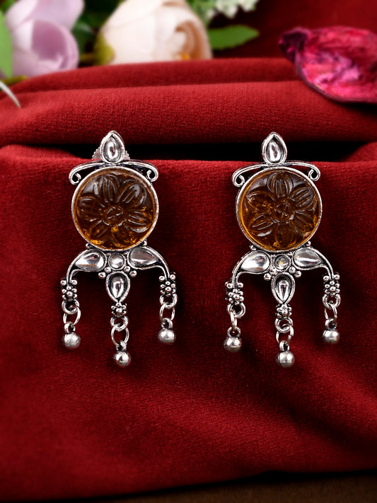 Silver Plated Brown Stone Studded Floral Oxidised Stud Earrings for Women Online