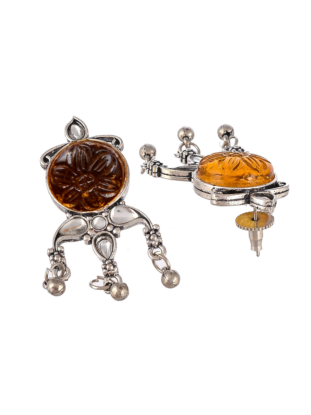 Silver Plated Brown Stone Studded Floral Oxidised Stud Earrings