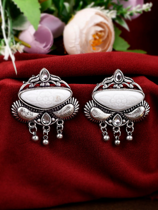 Silver Plated White Stone Studded Floral Oxidised Stud Earrings for Women Online