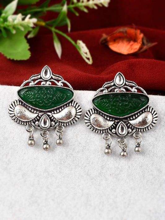 Silver Plated Green Stone Studded Floral Oxidised Stud Earrings for Women Online